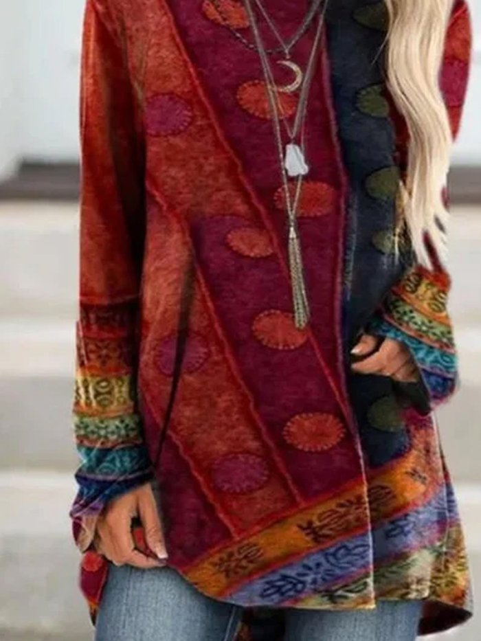 Long Sleeve Patchwork Round Neck Shirts & Tops