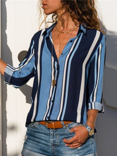 Stripe Printed Long Sleeve Casual Shirt Collar Blouses