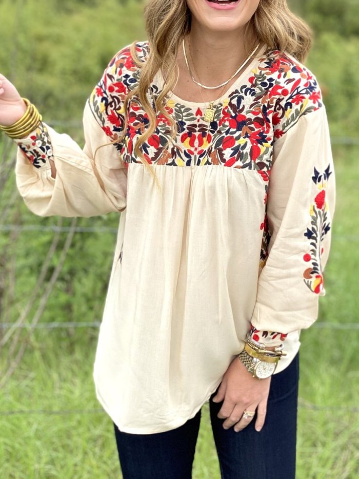 3/4 Sleeve Floral-Print Vintage Cotton-Blend Shirts & Tops