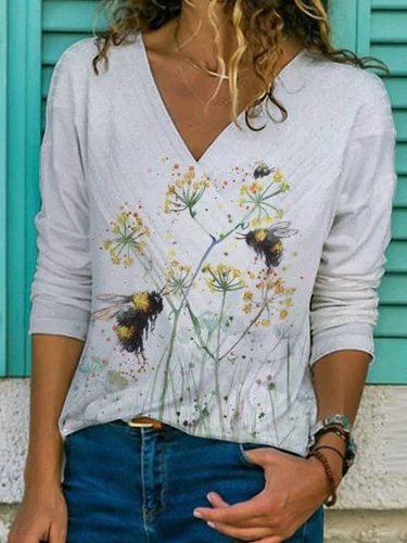 Casual Jersey Floral-Print Long Sleeve Shirts & Tops
