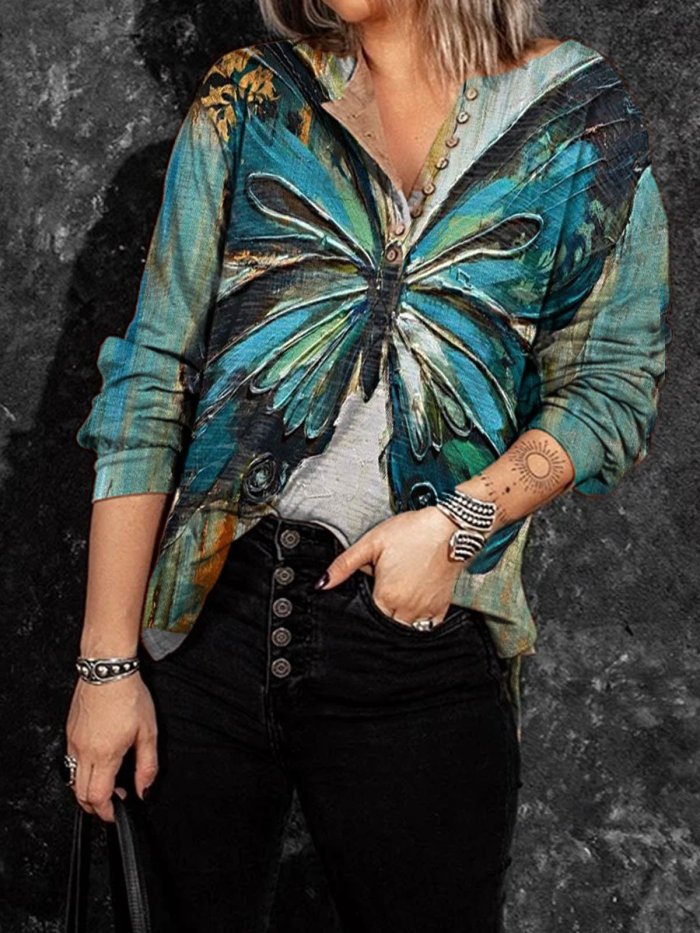 Cotton-Blend Long Sleeve Casual Floral Shirts & Tops