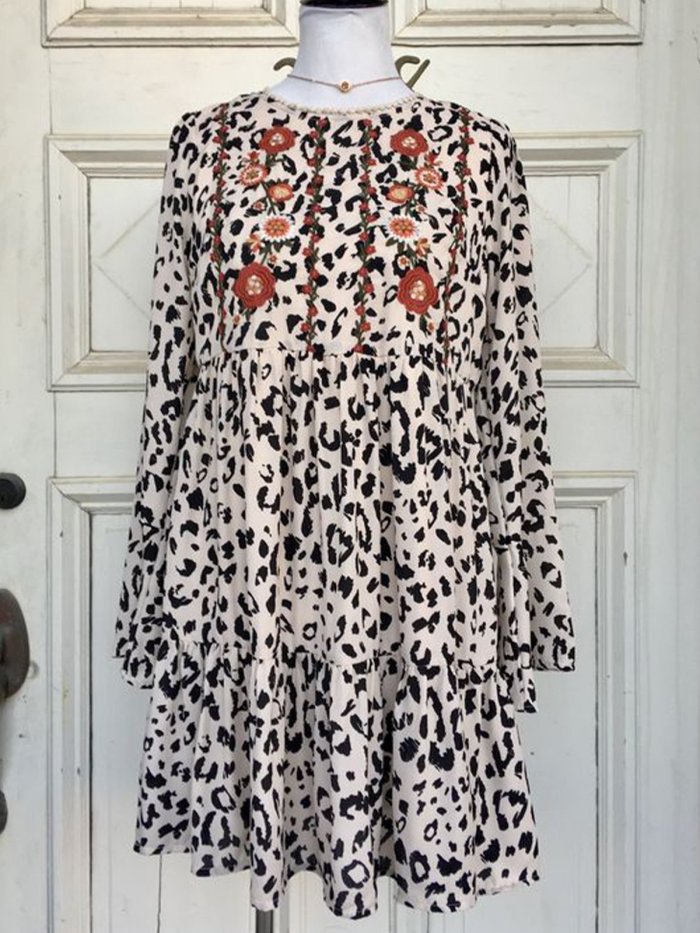 Boho Casual Leopard Crew Neck Dresses