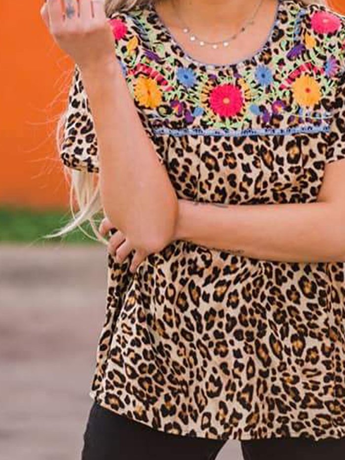 Vintage Leopard Crew Neck Short Sleeve Shirts & Tops