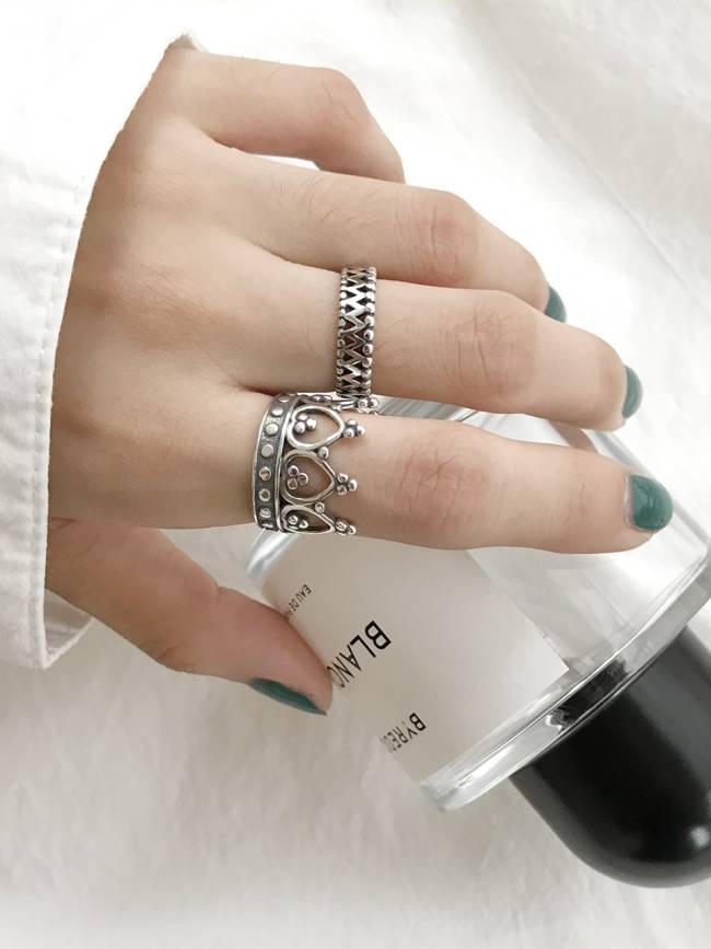 925 Sterling Silver Crown Vintage Free Size Band Ring
