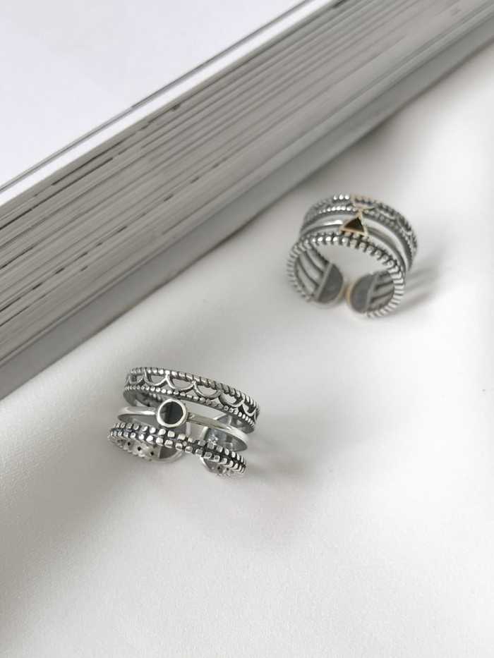 925 Sterling Silver Enamel Black Triangle Artisan Stackable Ring