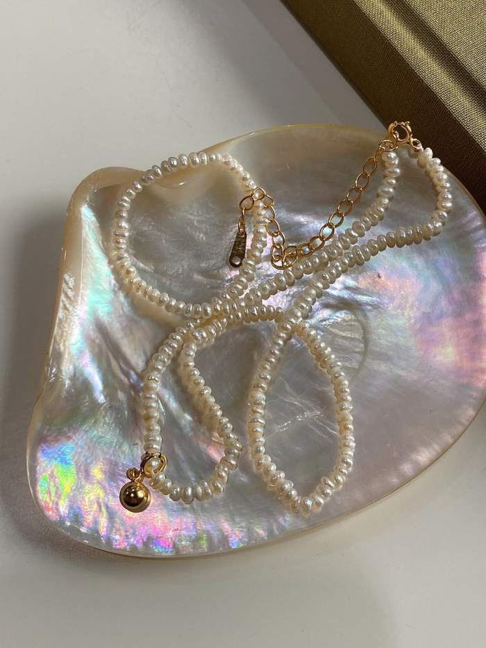 925 Sterling Silver Freshwater Pearl  Geometric Minimalist Beaded Necklace
