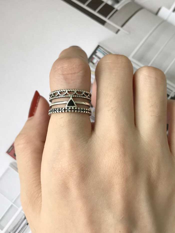 925 Sterling Silver Enamel Black Triangle Artisan Stackable Ring