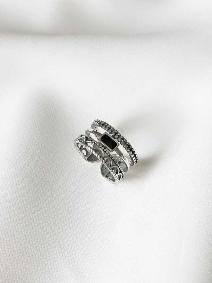 925 Sterling Silver Enamel Black Triangle Artisan Stackable Ring
