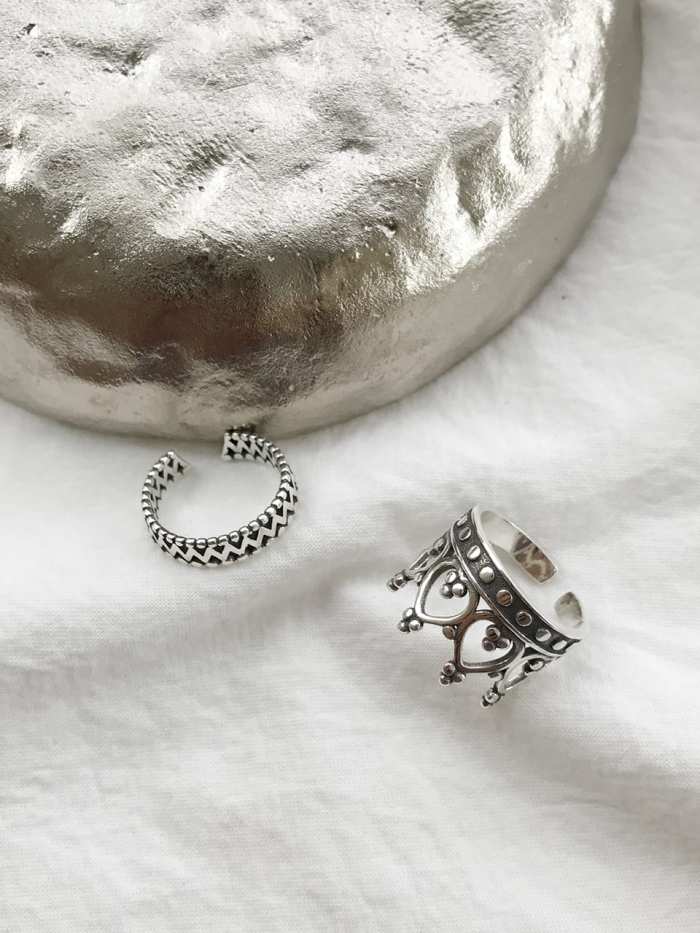 925 Sterling Silver Crown Vintage Free Size Band Ring