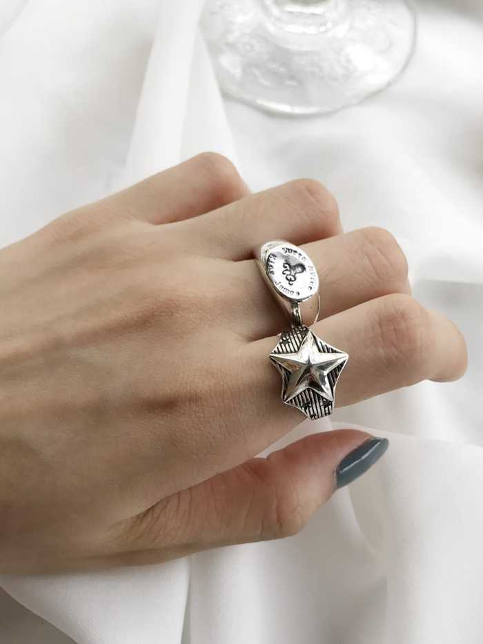 925 Sterling Silver Pentagram  Vintage Free Size  Band Ring