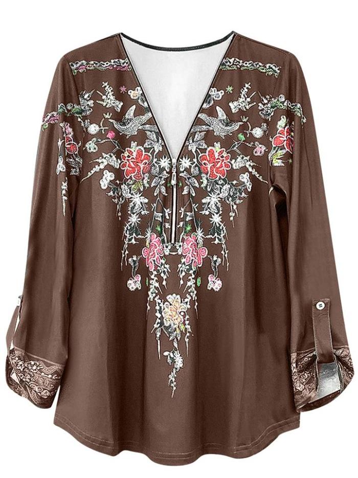 Retro Style Printed Temperament Zipper Long-Sleeved Deep V-Neck T-Shirt