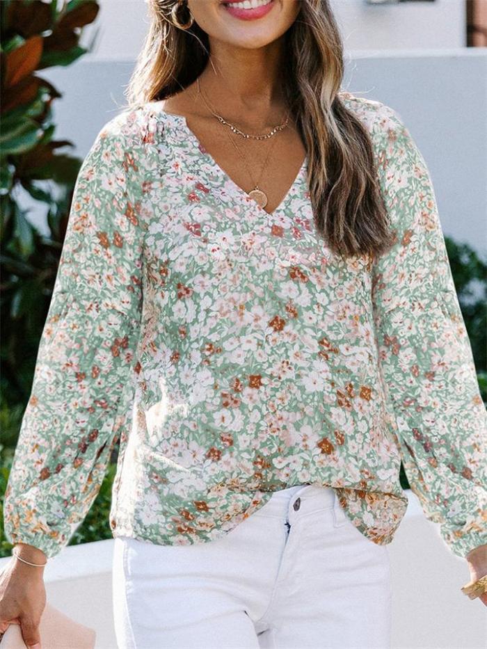 Comfy Floral Printed V-Neck Lantern Sleeve Chiffon T-Shirt