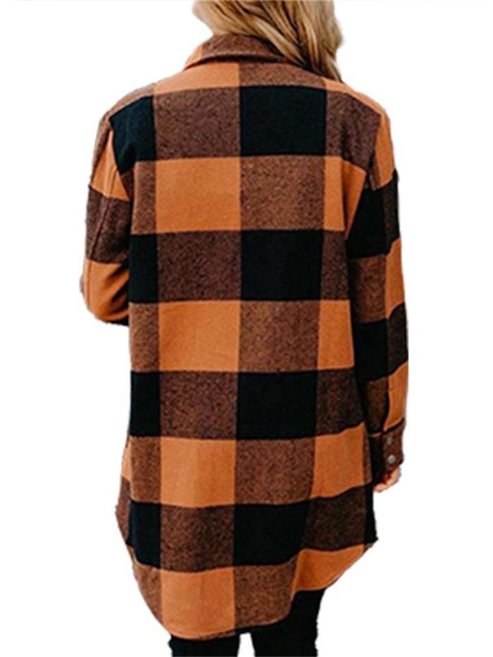 Elegant Plaid Lapel Long Sleeve Loose Coats