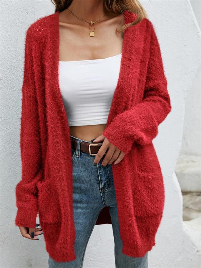Fashion Open Front Knitted Solid Color Sweater Coat With Pockets