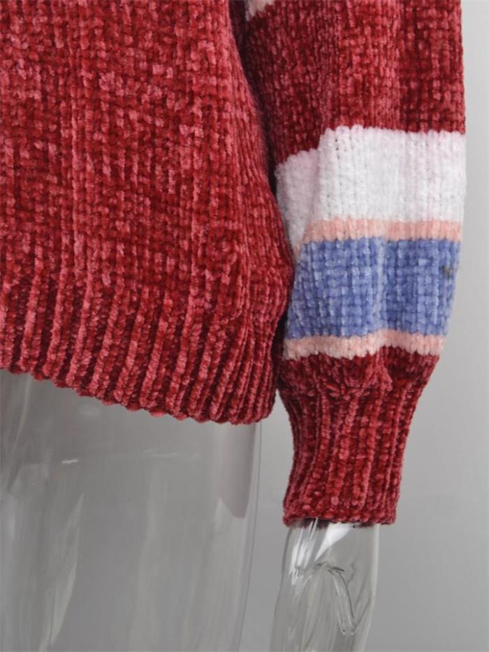 Fashion Contrast Color Design Round Neck Striped Knitted Pullover Sweater