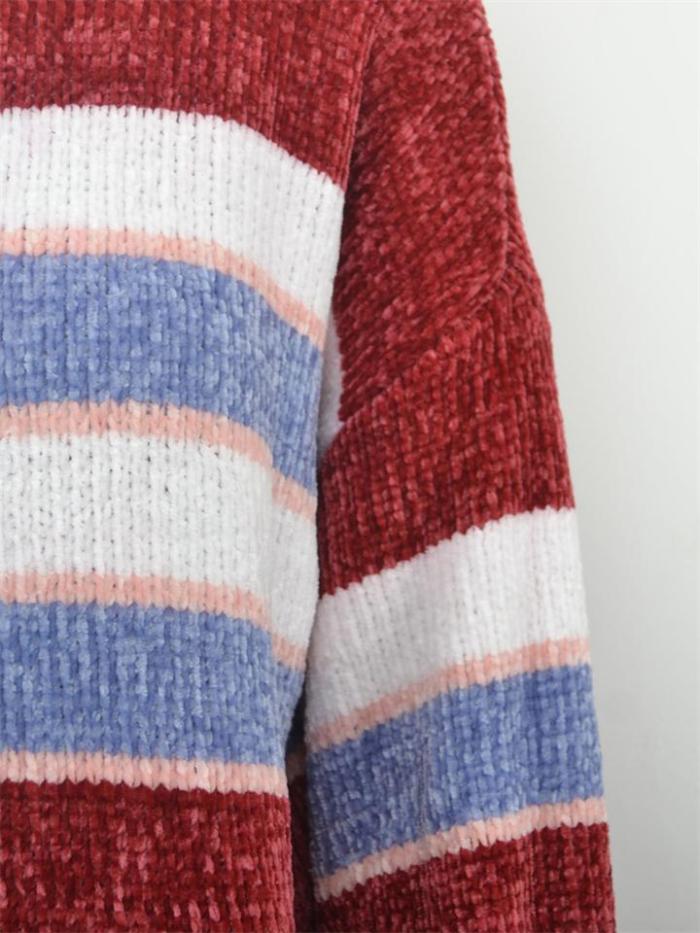 Fashion Contrast Color Design Round Neck Striped Knitted Pullover Sweater