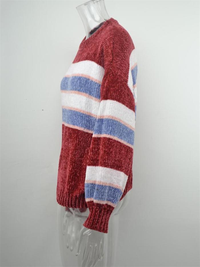 Fashion Contrast Color Design Round Neck Striped Knitted Pullover Sweater