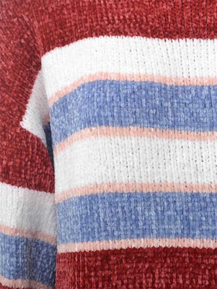 Fashion Contrast Color Design Round Neck Striped Knitted Pullover Sweater