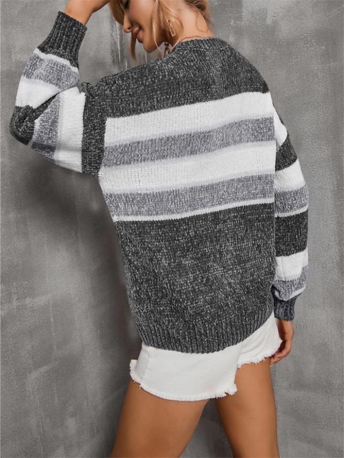 Fashion Contrast Color Design Round Neck Striped Knitted Pullover Sweater