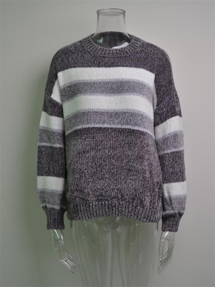 Fashion Contrast Color Design Round Neck Striped Knitted Pullover Sweater