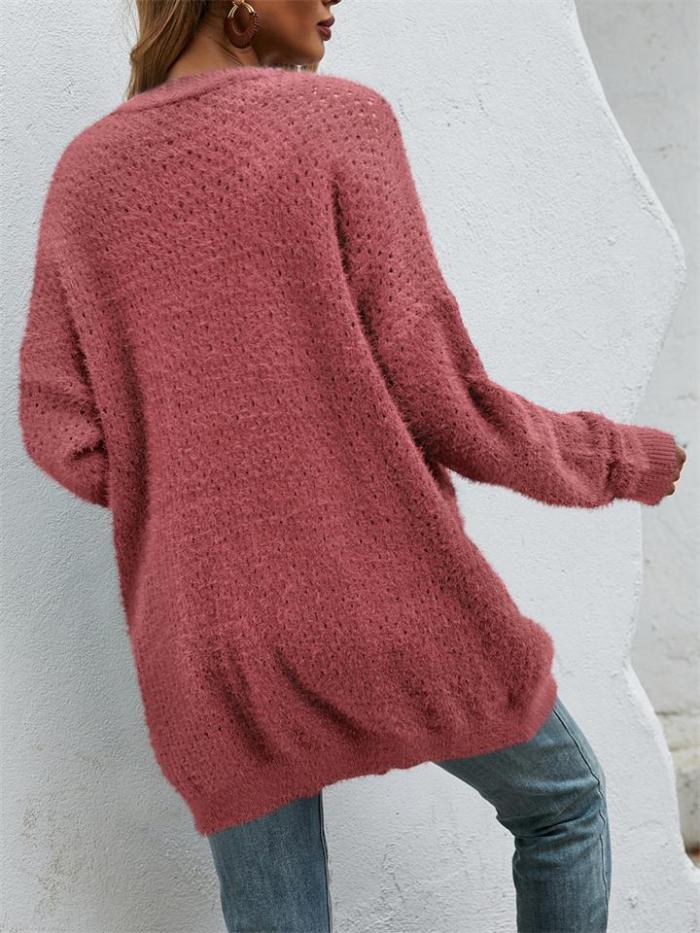 Fashion Open Front Knitted Solid Color Sweater Coat With Pockets
