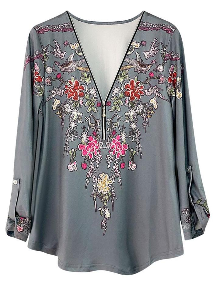 Retro Style Printed Temperament Zipper Long-Sleeved Deep V-Neck T-Shirt