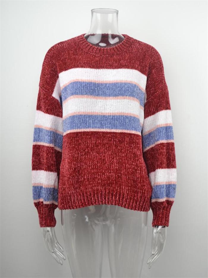 Fashion Contrast Color Design Round Neck Striped Knitted Pullover Sweater