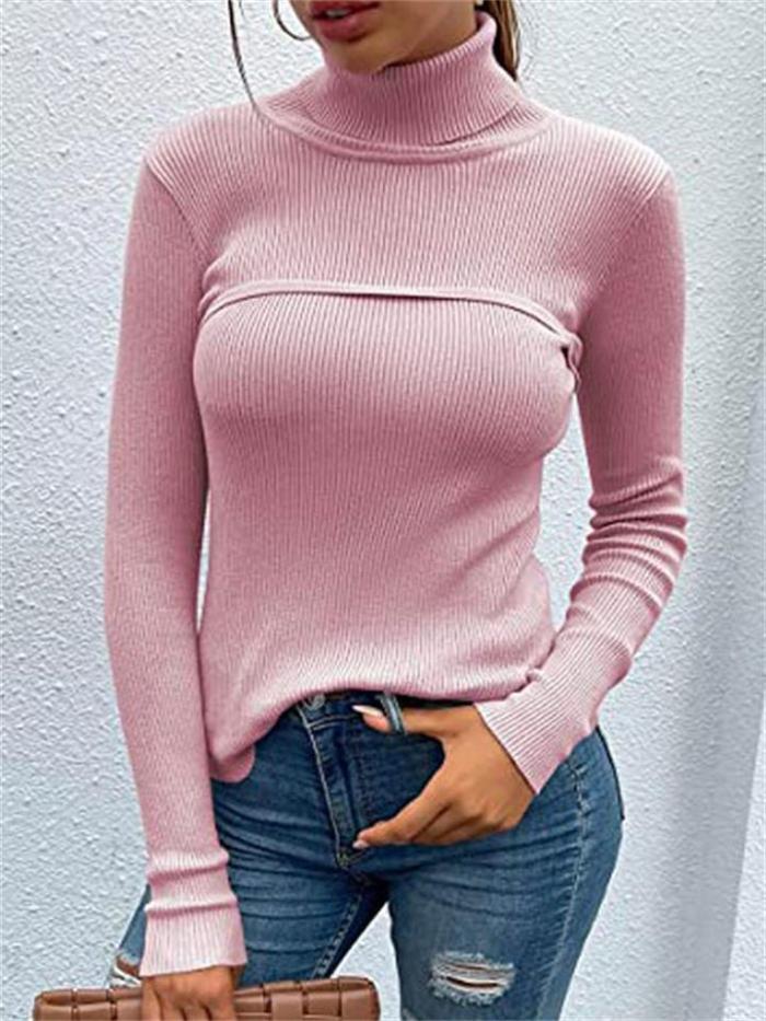 Elegant Striped Knitted Solid Color Slim-Fit Turtleneck Pullover Sweater