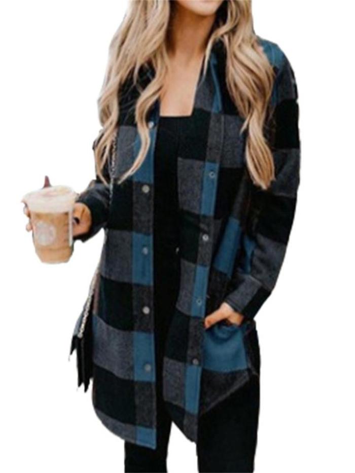 Elegant Plaid Lapel Long Sleeve Loose Coats