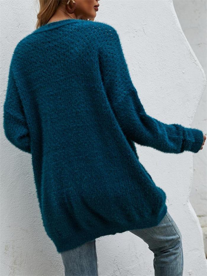 Fashion Open Front Knitted Solid Color Sweater Coat With Pockets