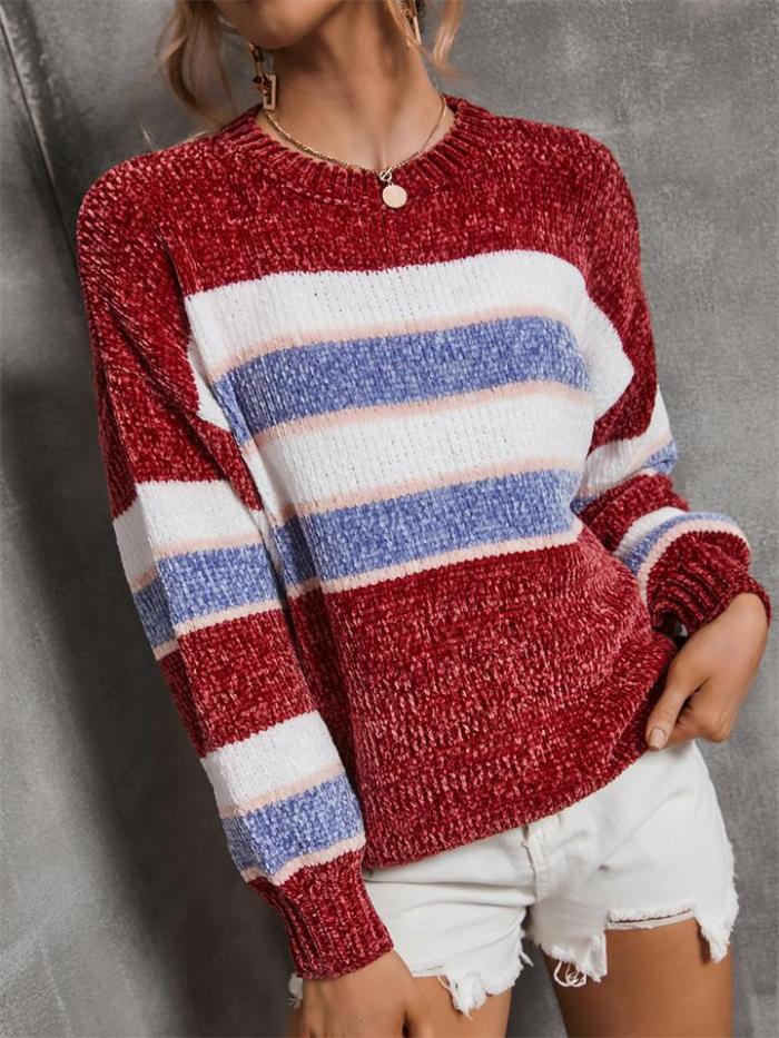 Fashion Contrast Color Design Round Neck Striped Knitted Pullover Sweater