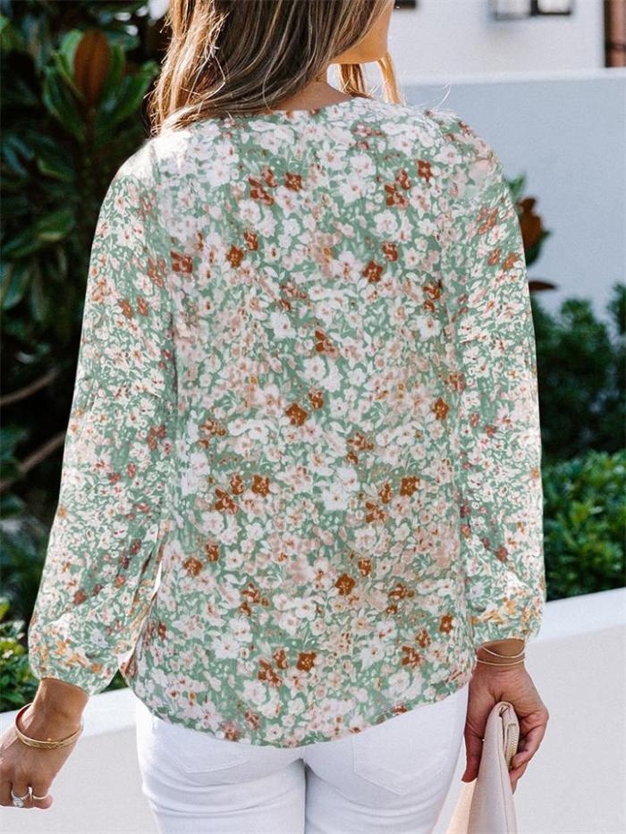 Comfy Floral Printed V-Neck Lantern Sleeve Chiffon T-Shirt