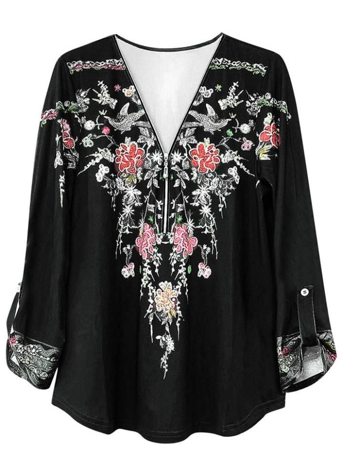 Retro Style Printed Temperament Zipper Long-Sleeved Deep V-Neck T-Shirt