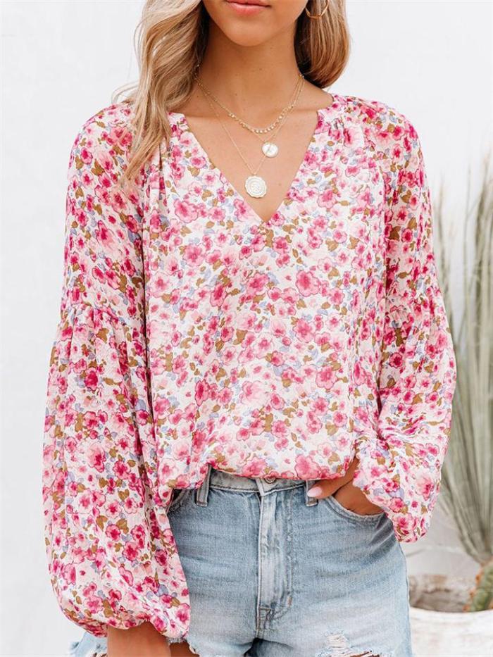 Comfy Floral Printed V-Neck Lantern Sleeve Chiffon T-Shirt