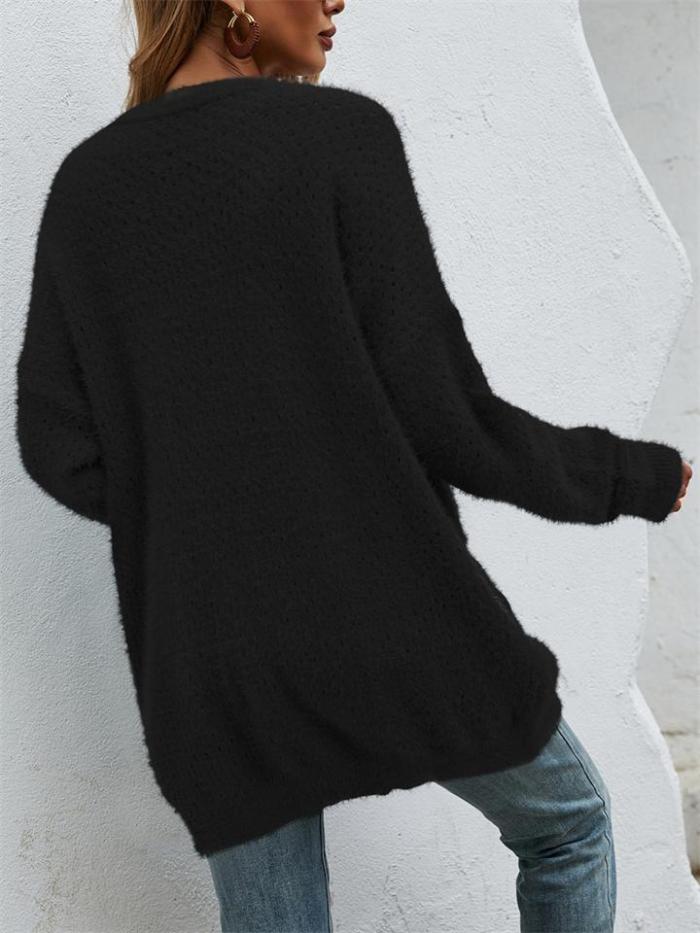 Fashion Open Front Knitted Solid Color Sweater Coat With Pockets