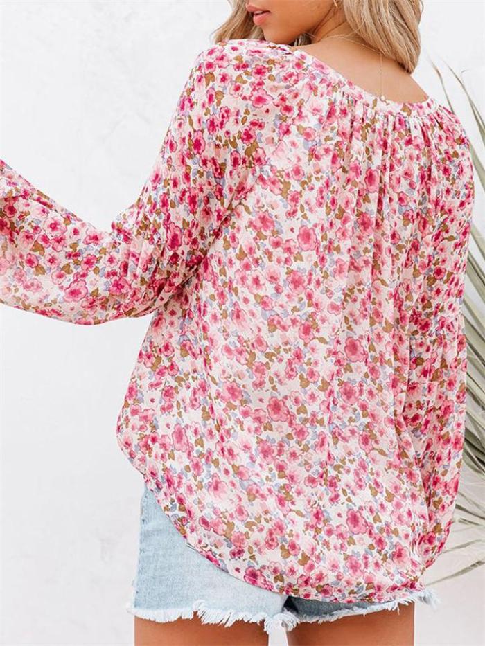 Comfy Floral Printed V-Neck Lantern Sleeve Chiffon T-Shirt