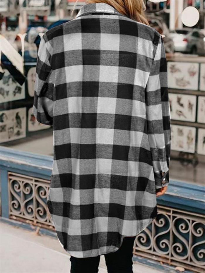 Elegant Plaid Lapel Long Sleeve Loose Coats