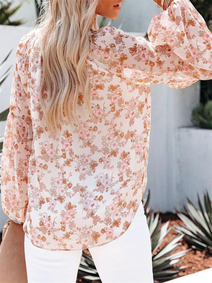 Comfy Floral Printed V-Neck Lantern Sleeve Chiffon T-Shirt