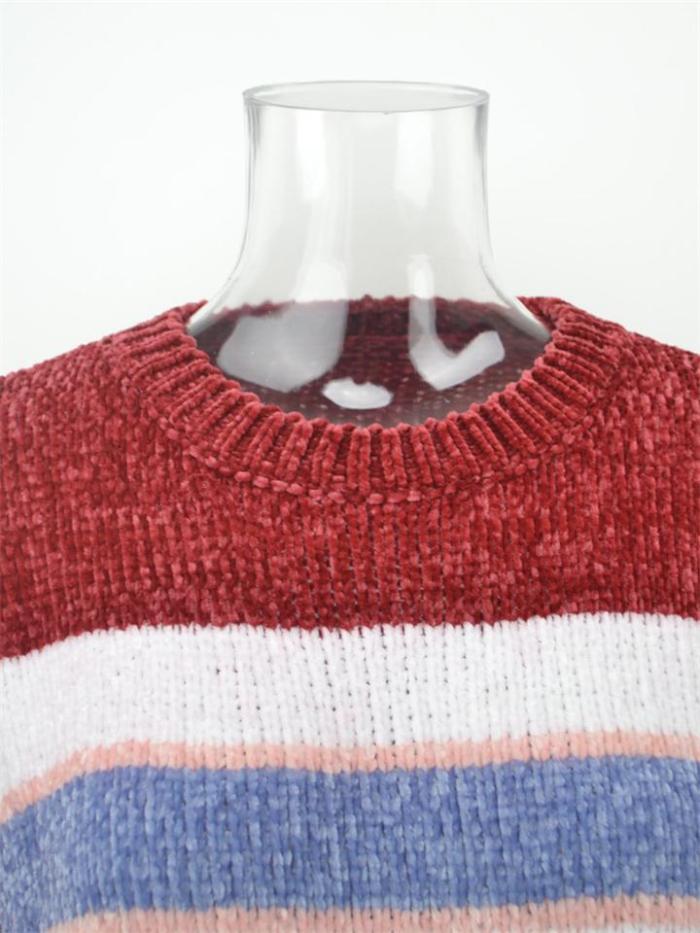 Fashion Contrast Color Design Round Neck Striped Knitted Pullover Sweater