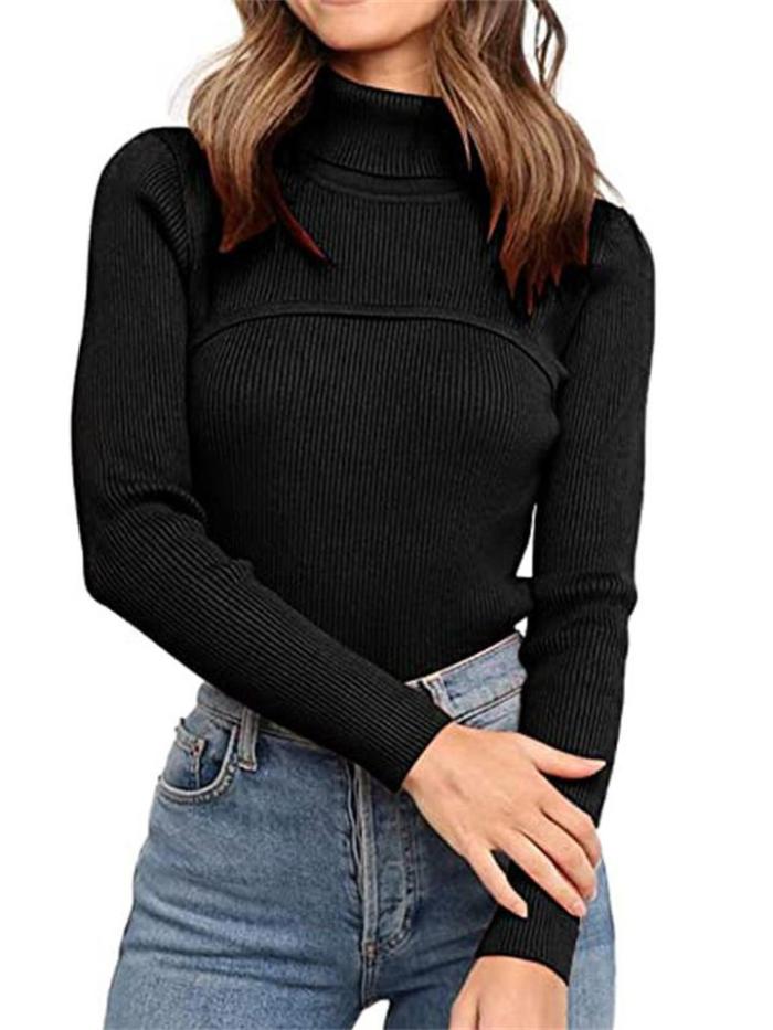 Elegant Striped Knitted Solid Color Slim-Fit Turtleneck Pullover Sweater