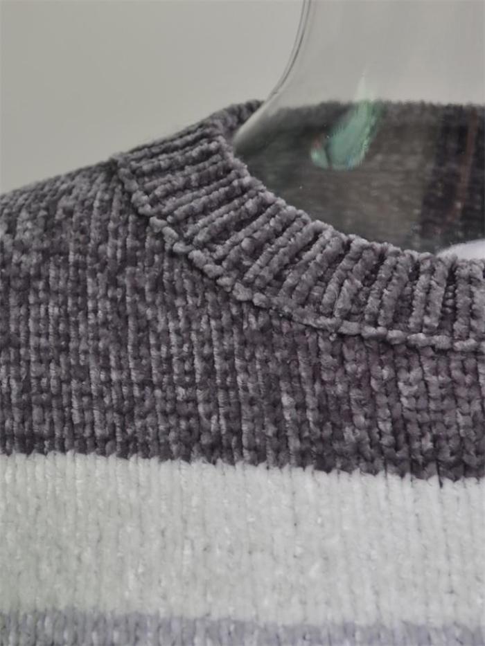 Fashion Contrast Color Design Round Neck Striped Knitted Pullover Sweater