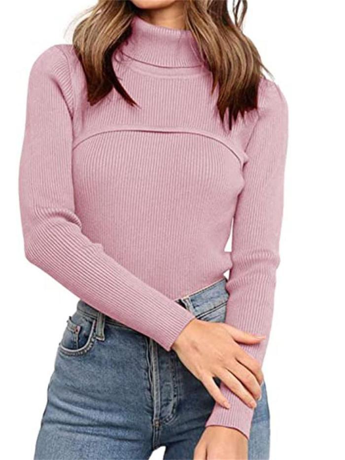 Elegant Striped Knitted Solid Color Slim-Fit Turtleneck Pullover Sweater