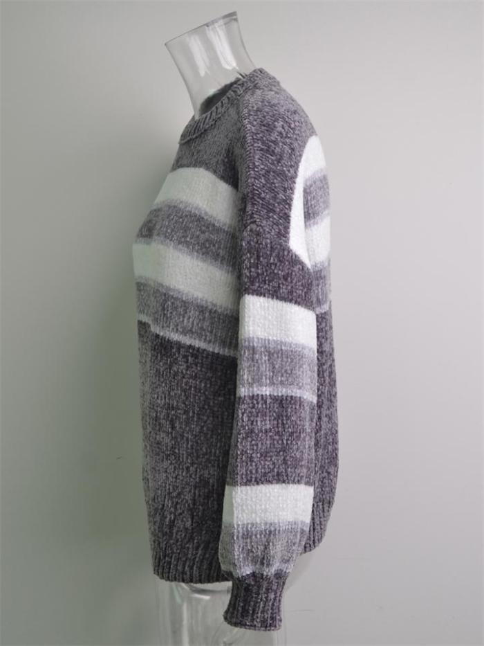 Fashion Contrast Color Design Round Neck Striped Knitted Pullover Sweater