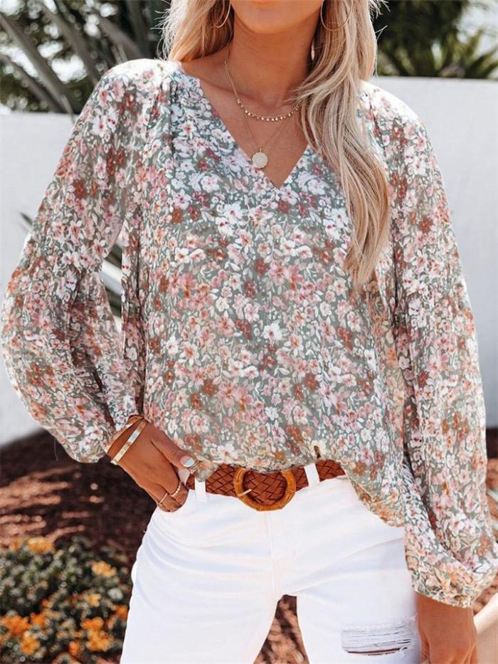 Comfy Floral Printed V-Neck Lantern Sleeve Chiffon T-Shirt