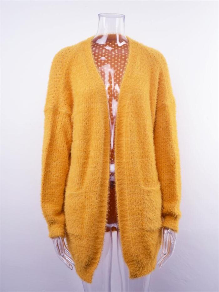 Fashion Open Front Knitted Solid Color Sweater Coat With Pockets