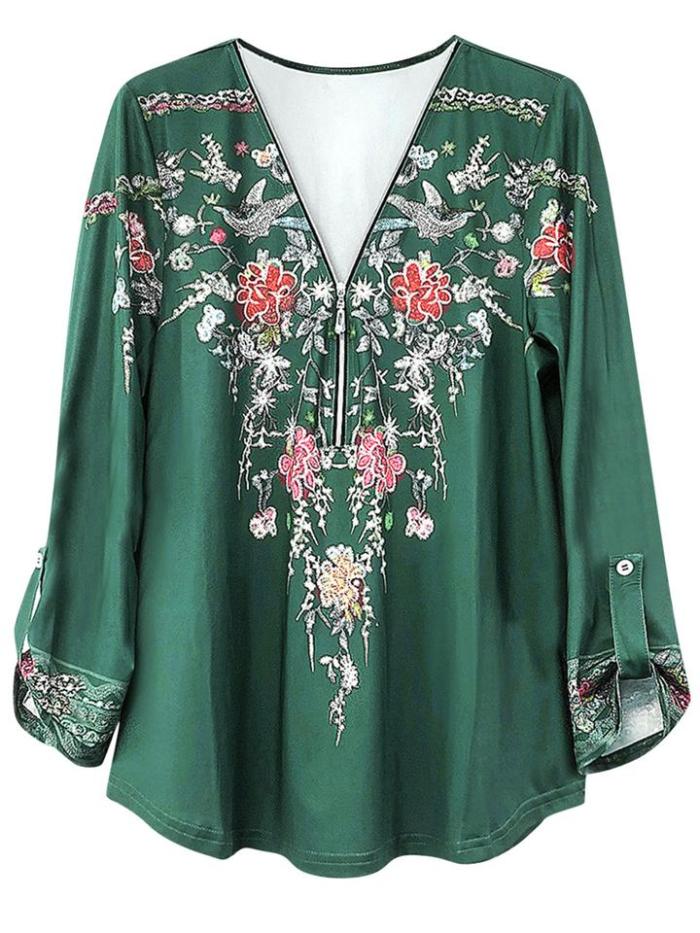 Retro Style Printed Temperament Zipper Long-Sleeved Deep V-Neck T-Shirt