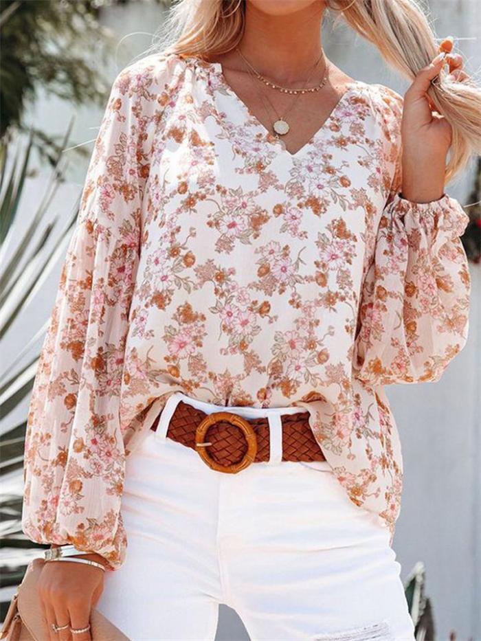 Comfy Floral Printed V-Neck Lantern Sleeve Chiffon T-Shirt