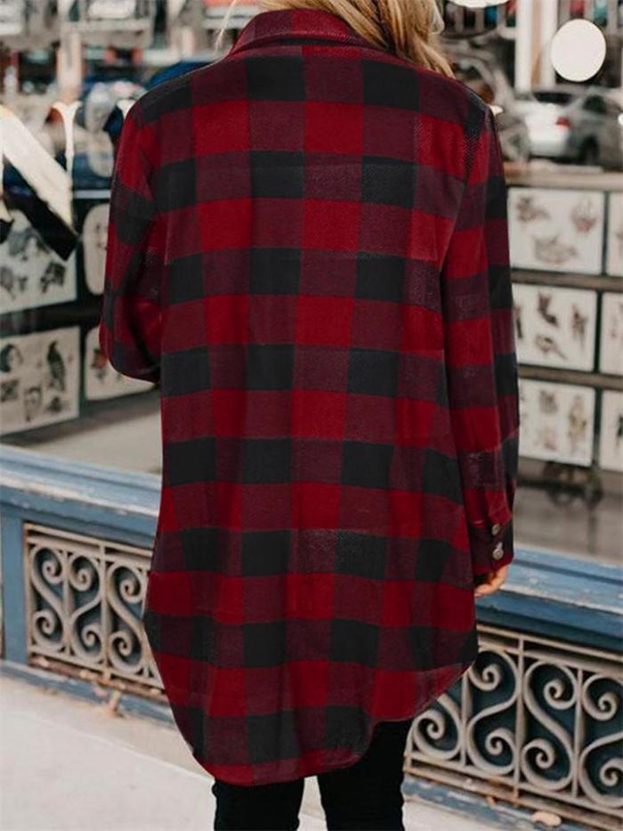 Elegant Plaid Lapel Long Sleeve Loose Coats