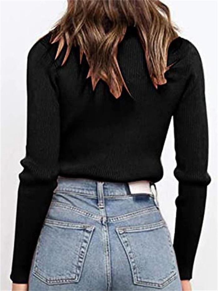Elegant Striped Knitted Solid Color Slim-Fit Turtleneck Pullover Sweater