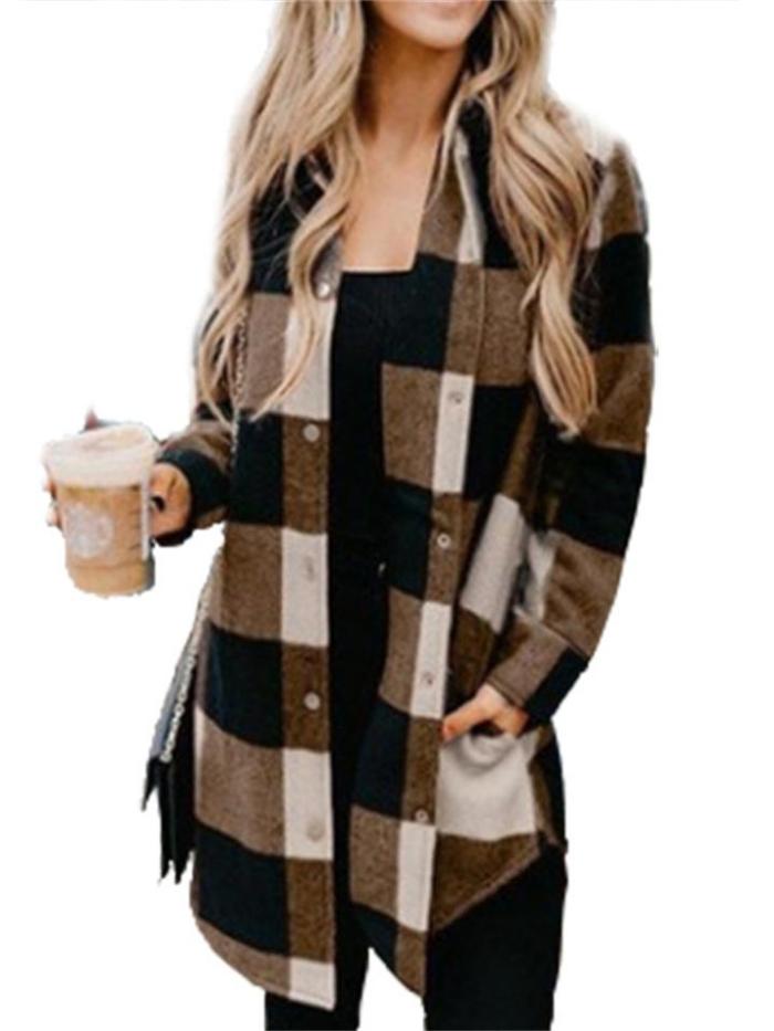 Elegant Plaid Lapel Long Sleeve Loose Coats
